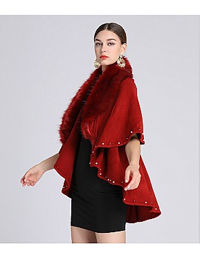 Pearl & Studded Soft Faux Fur Poncho Dressy Scarf