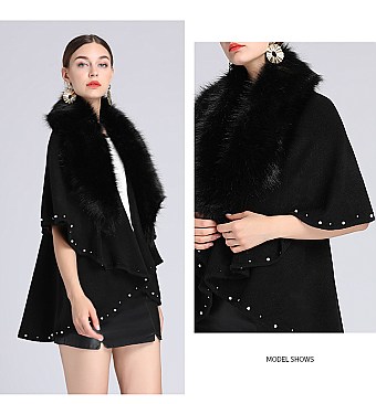 Pearl & Studded Soft Faux Fur Poncho Dressy Scarf