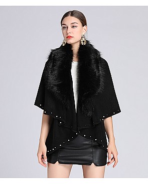 Pearl & Studded Soft Faux Fur Poncho Dressy Scarf