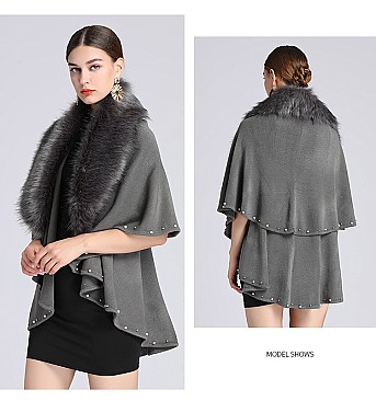 Pearl & Studded Soft Faux Fur Poncho Dressy Scarf