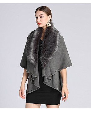 Pearl & Studded Soft Faux Fur Poncho Dressy Scarf