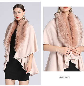 Pearl & Studded Soft Faux Fur Poncho Dressy Scarf