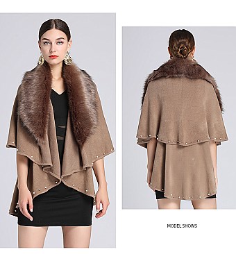 Pearl & Studded Soft Faux Fur Poncho Dressy Scarf