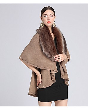 Pearl & Studded Soft Faux Fur Poncho Dressy Scarf