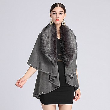 Pearl & Studded Soft Faux Fur Poncho Dressy Scarf