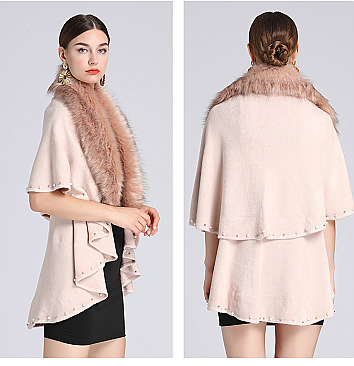 Pearl & Studded Soft Faux Fur Poncho Dressy Scarf