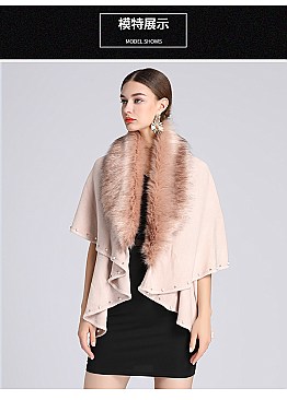 Pearl & Studded Soft Faux Fur Poncho Dressy Scarf