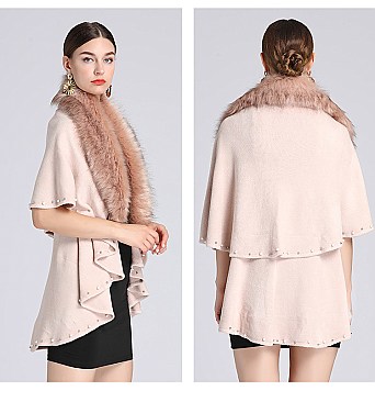 Pearl & Studded Soft Faux Fur Poncho Dressy Scarf