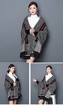 Checkers Striped Shawl Poncho with arm holes