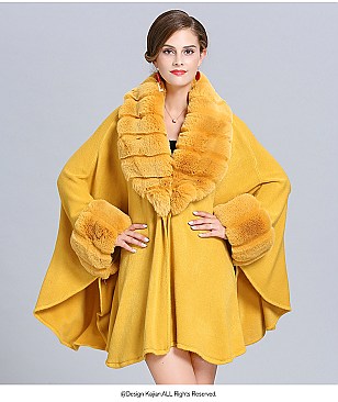 Classic Cashmere Cape With Sleeve With Faux Fur Trim