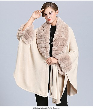 Classic Cashmere Cape With Sleeve With Faux Fur Trim