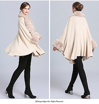 Classic Cashmere Cape With Sleeve With Faux Fur Trim