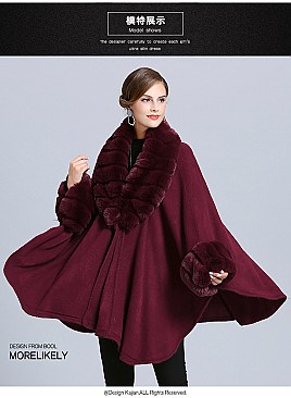 Classic Cashmere Cape With Sleeve With Faux Fur Trim