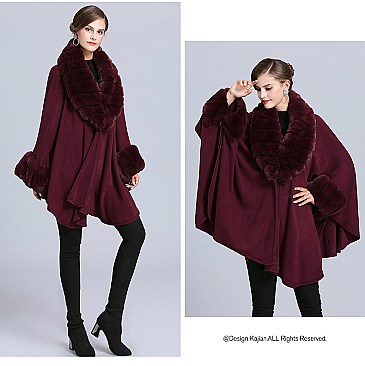 Classic Cashmere Cape With Sleeve With Faux Fur Trim