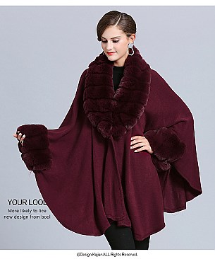 Classic Cashmere Cape With Sleeve With Faux Fur Trim