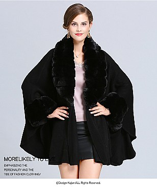 Classic Cashmere Cape With Sleeve With Faux Fur Trim