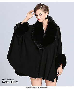 Classic Cashmere Cape With Sleeve With Faux Fur Trim