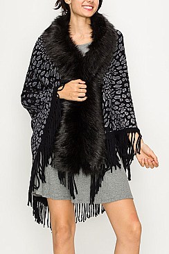 VEGAN Fur COLLAR ANIMAL PRINT Poncho FM-SCA2136