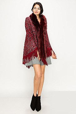 VEGAN Fur COLLAR ANIMAL PRINT Poncho FM-SCA2136