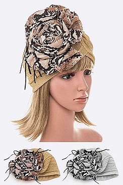 PACK OF 12 METALLIC PYTHON PRINTED FLOWER TURBAN HAT