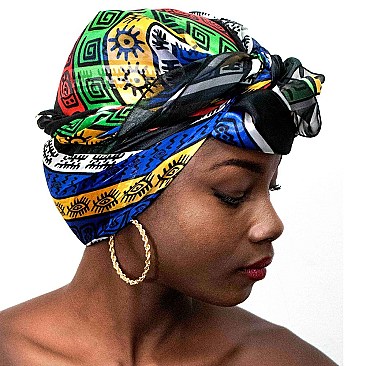 AFRICAN PRINT AZTEC TRIBAL SYMBOLS  Multi-Colored Satin Scarf / HEAD WRAP