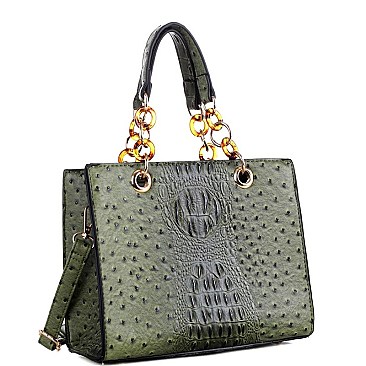 LINKED CHAIN OSTRICH SATCHEL