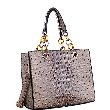 LINKED CHAIN OSTRICH SATCHEL