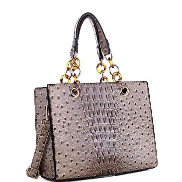 LINKED CHAIN OSTRICH SATCHEL