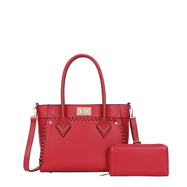 red 2-in-1 Whip Stitch Design Satchel Bag and Wallet Set