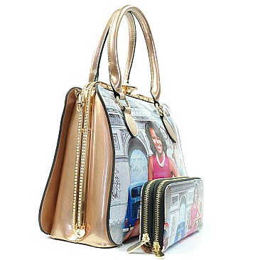 Michelle Obama Rhinestone Closure Satchel & Wallet Set Handbag