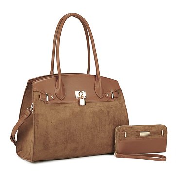Suede Lock Hardware Satchel Set