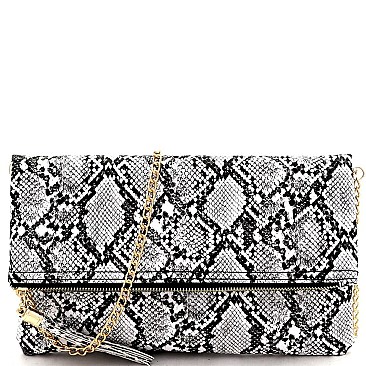 Snake Print Tassel Accent Clutch Shoulder Bag