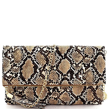 Snake Print Tassel Accent Clutch Shoulder Bag