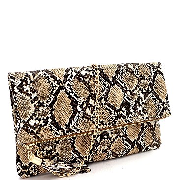 Snake Print Tassel Accent Clutch Shoulder Bag