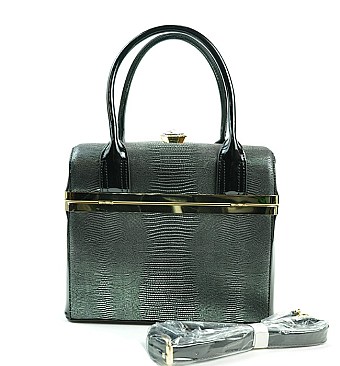 Genuine Snake Print Embossed Jewel-top Boxy Shape Satchel