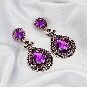 Large 3.5"  GEM STONE CATHEDRAL WINDOW CLIP EARRINGS