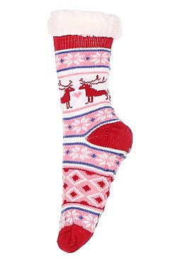 Pack of (12 Pairs) Slipper Socks Reindeer Patterns Assorted Colors FM-SO415