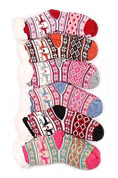 Pack of (12 Pairs) Slipper Socks Reindeer Patterns Assorted Colors FM-SO415
