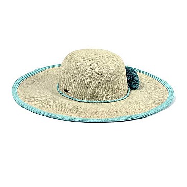 RAFFIA POMS 2TONE WIDE BRIM STRAW HAT