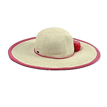 RAFFIA POMS 2TONE WIDE BRIM STRAW HAT