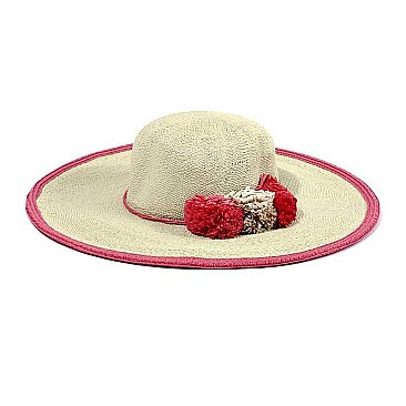 RAFFIA POMS 2TONE WIDE BRIM STRAW HAT