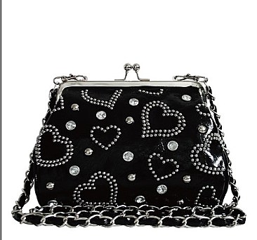 Love Heart Studded Stoned Long Chain Strap Clutch Bag