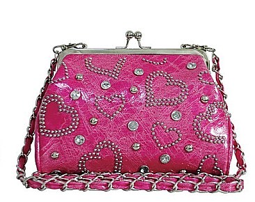 Love Heart Studded Stoned Long Chain Strap Clutch Bag