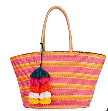 Multi Color Beach Bag with Pom Pom