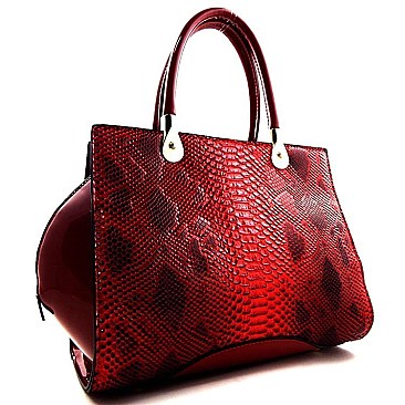 Snake Print Embossed Wing Satchel With Patent Trimming