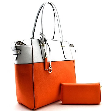 Two Tone Color Block Tote With Wallet