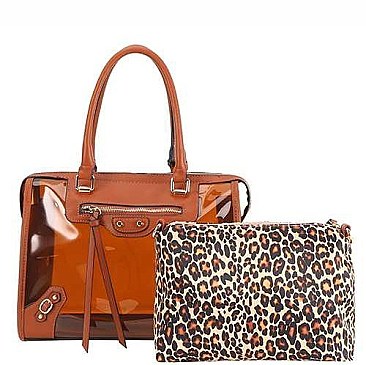 2 IN 1 CLEAR SEE THROUGH SATCHEL WITH LEOPARD POUCH