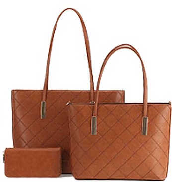3 IN 1 TRENDY QUILTED STITCHING SHOPPER BAG WALLET SET