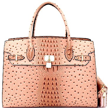 TU6726-LP Ostrich Embossed Padlock Accent Structured Tote Wallet SET