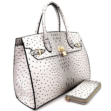 TU6726-LP Ostrich Embossed Padlock Accent Structured Tote Wallet SET